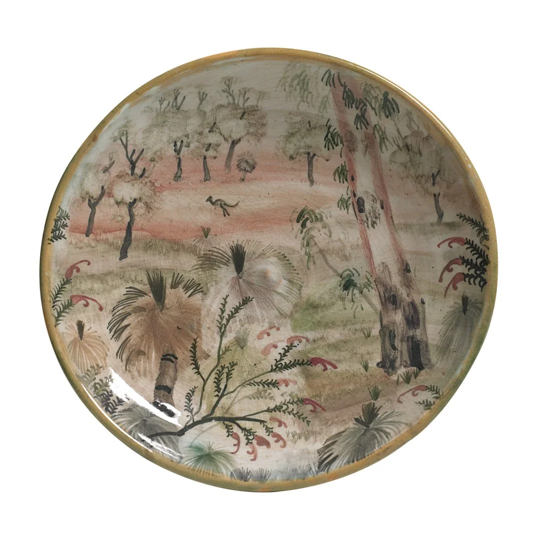 Neil DOUGLAS, Plate with bush landscape design, 1987, ceramic, 28 x 28cm. Horsham Regional Art Gallery collection, gift of Geoff and Helen Handbury, 2001.