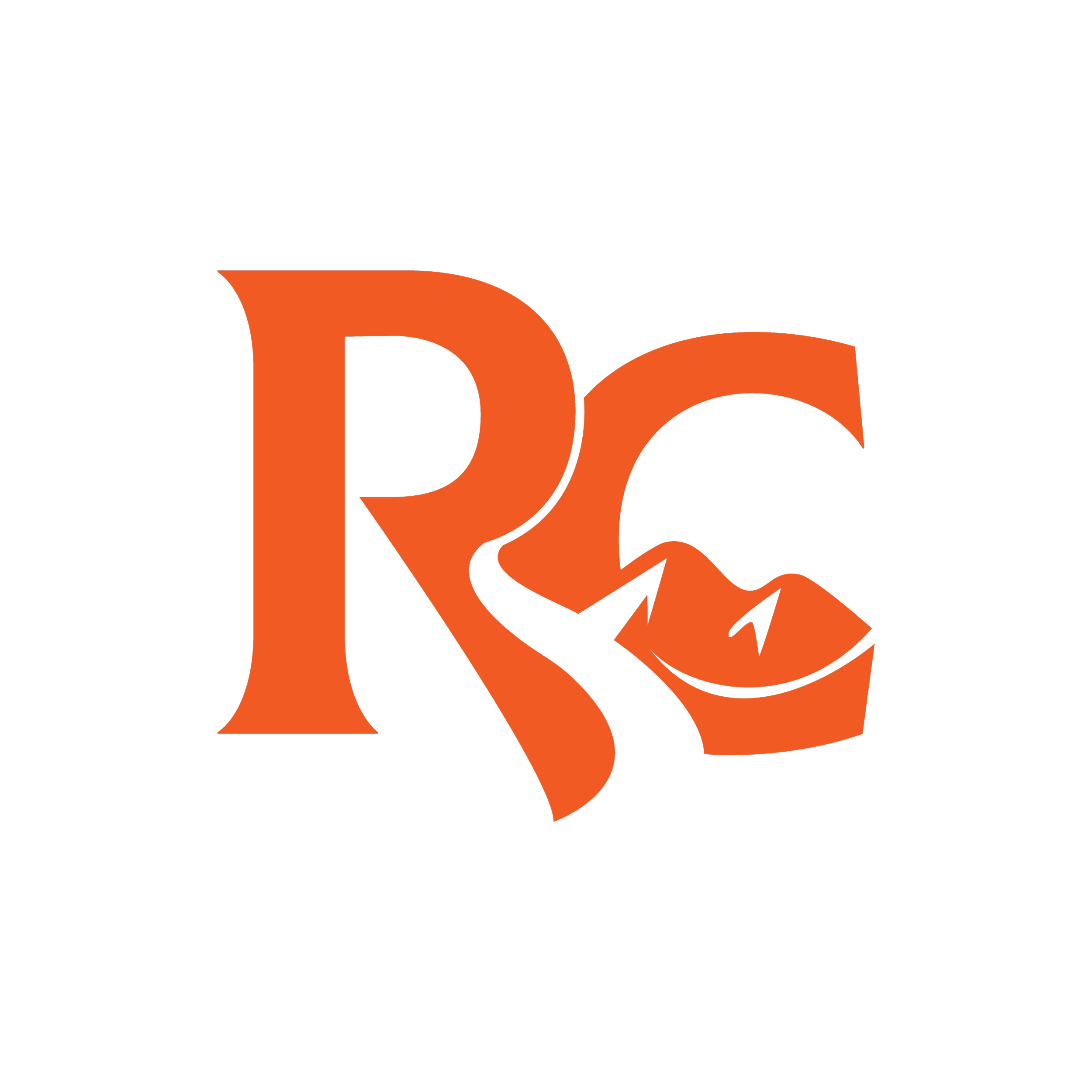 Close-up of the Rocky Creek Landscape & Design logo Mark featuring a stylized orange 'R' & 'C' with illustration of a river splitting the two and rocky mountains nested in the 'C.'