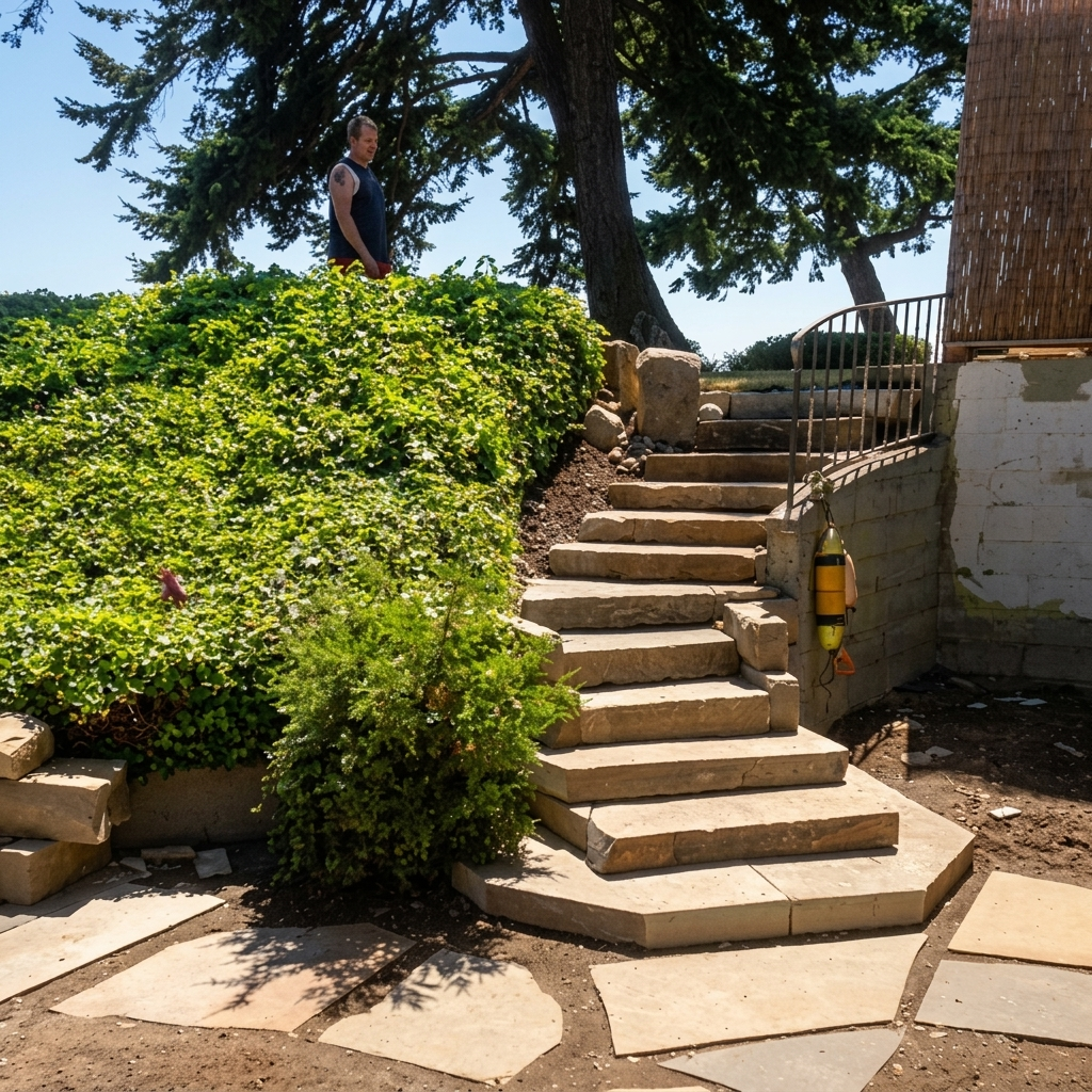Durable stone landscape steps leading to a Boise Idaho home. Professional design and install by Rocky Creek Landscape & Design, serving the Treasure Valley.