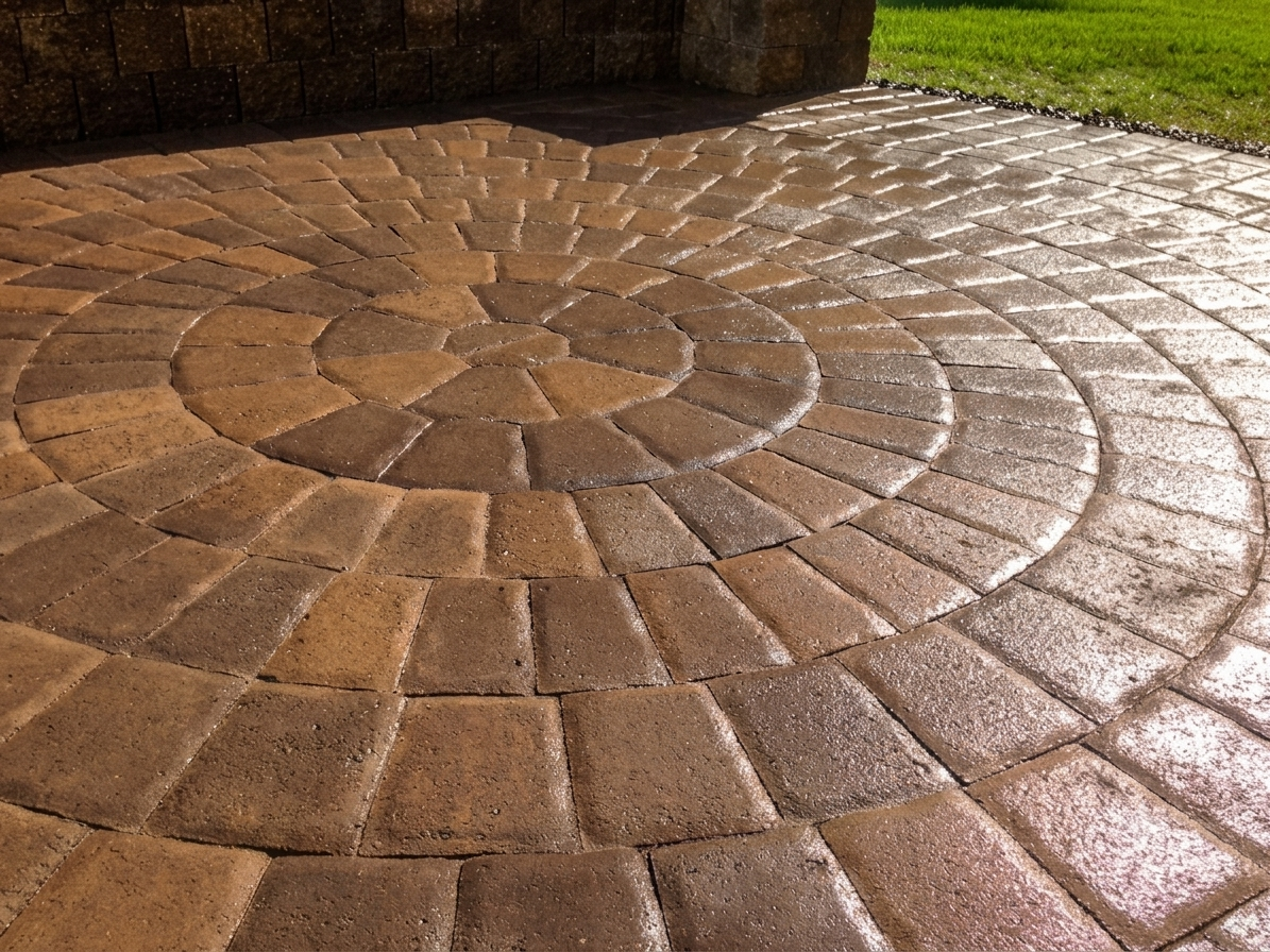 Custom circular flagstone patio with a detailed mosaic pattern. A masterpiece of design by Rocky Creek Landscape & Design in Boise Idaho, serving the Treasure Valley.