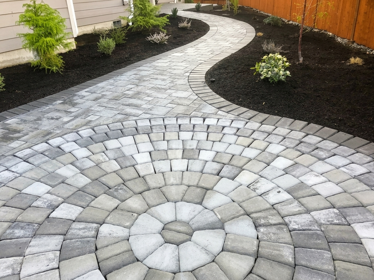 Discover a stunning circular paver mosaic and meandering walkway in Boise. Expertly designed and installed by Rocky Creek Landscape & Design. Call for a custom hardscape quote today.