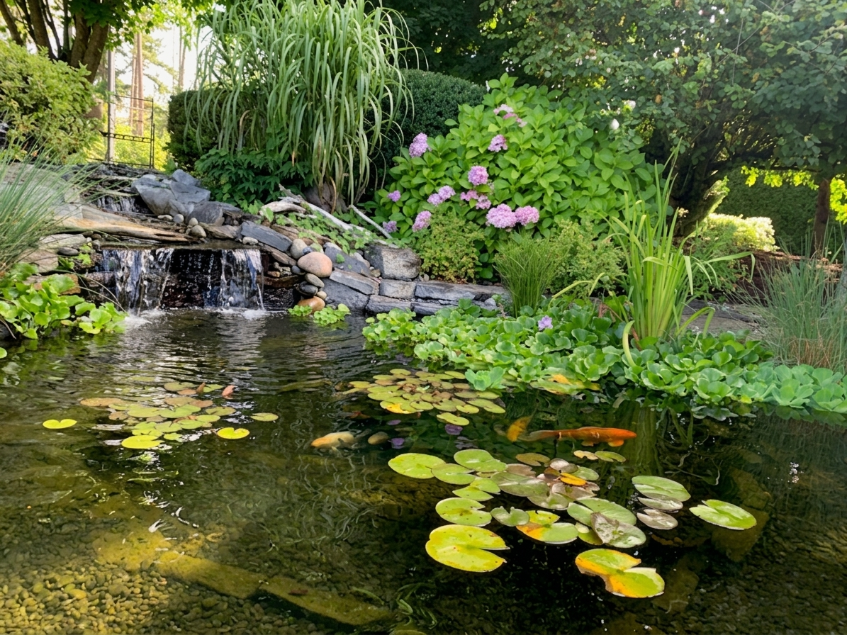 A natural rock waterfall and koi pond feature in Boise Idaho. Let Rocky Creek Landscape & Design bring tranquil, custom water designs to your Treasure Valley yard.