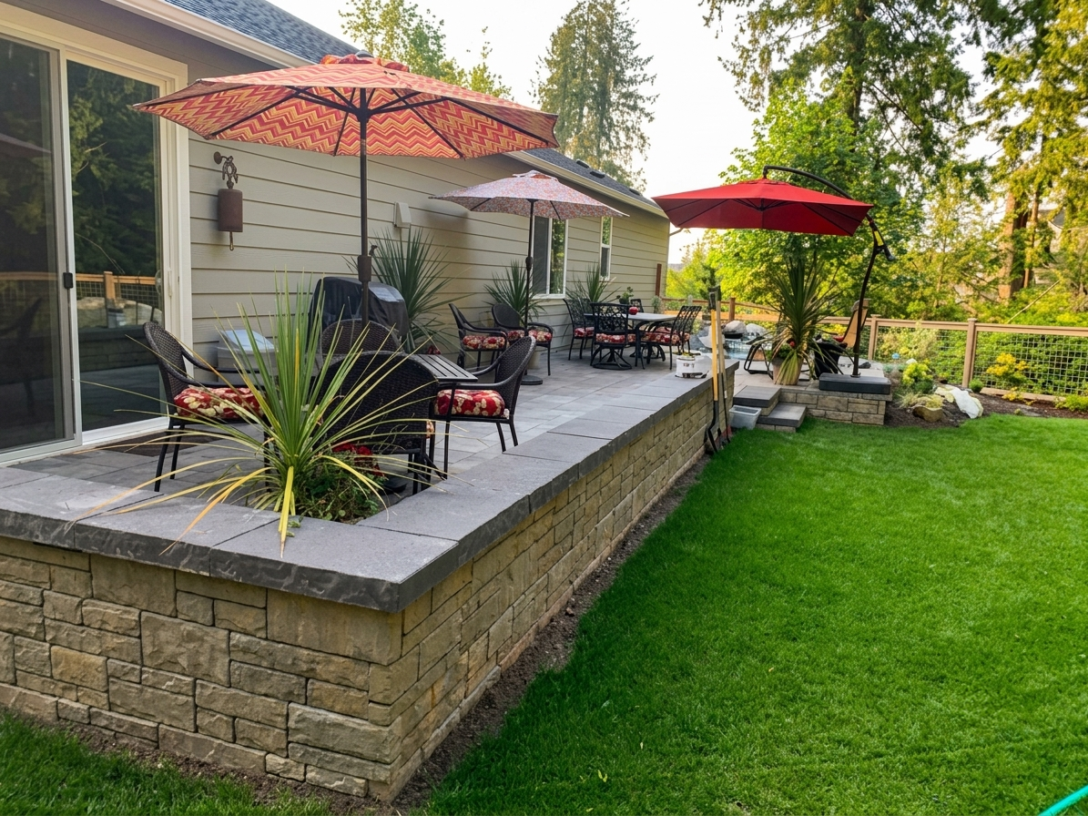 Premium raised stone patio and matching retaining wall on a Boise Idaho property. Experience fine Treasure Valley craftsmanship by Rocky Creek Landscape & Design.