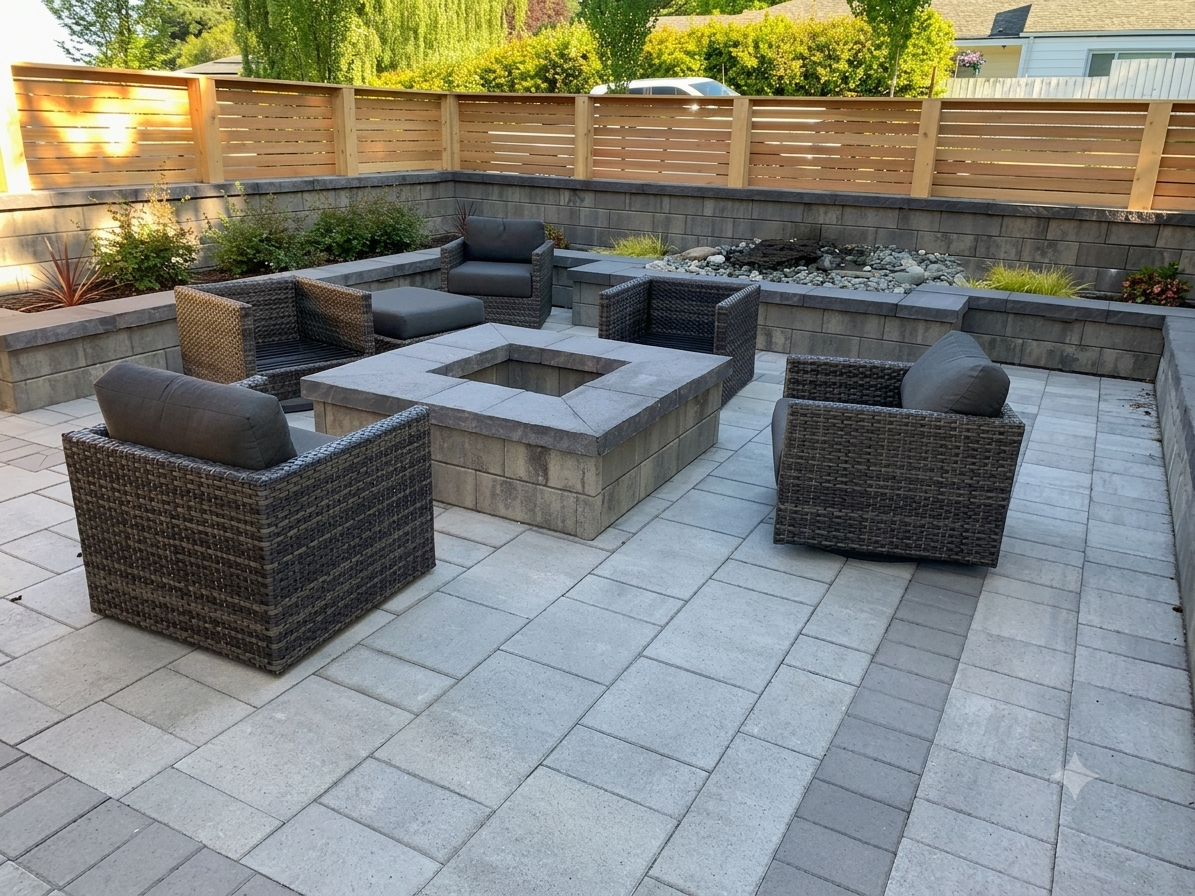 Outdoor patio with a central square firepit surrounded by five wicker chairs with cushions, a flowerbed along the back wall, a wooden privacy fence, and a gravel area ahead of the fence with rocks and plants.