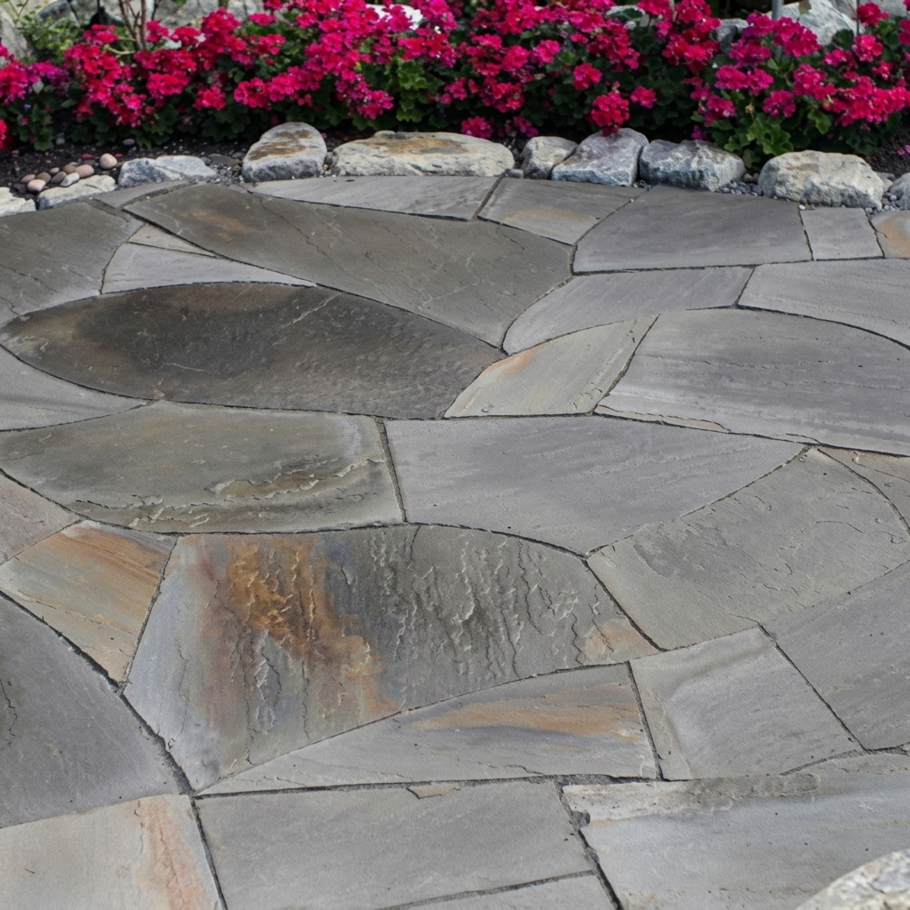 Wet stone pathway through lush Treasure Valley foliage, expertly installed by Rocky Creek Landscape & Design in Boise Idaho. Contact us for custom hardscapes.