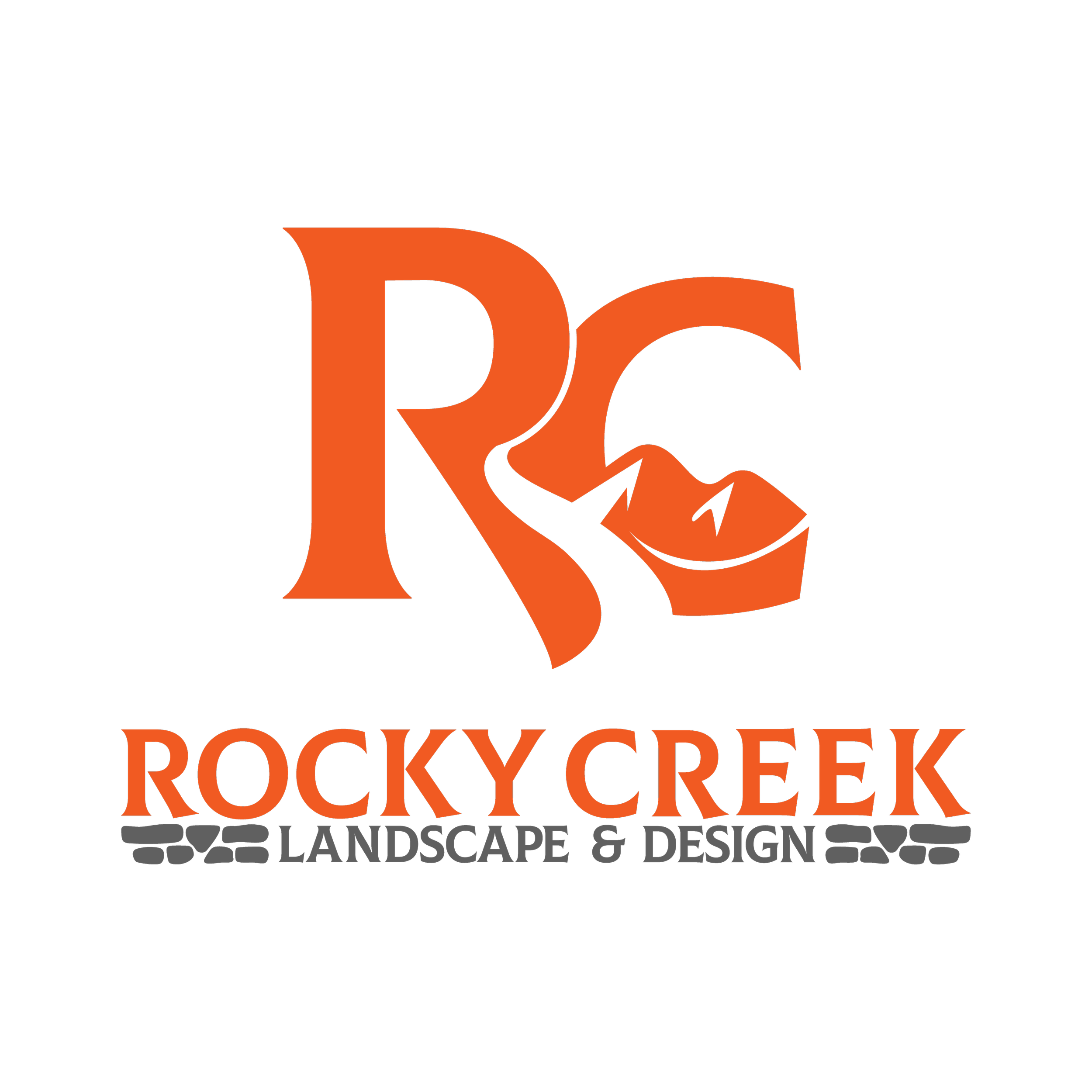 Rocky Creek Landscape & Design Logo with an orange 'R' and 'C' being cut with a river shape separating them and a pair of mountains nested in the 'C.' The words "Rocky Creek" below and "Landscape & Design" surrounded by stone shapes.