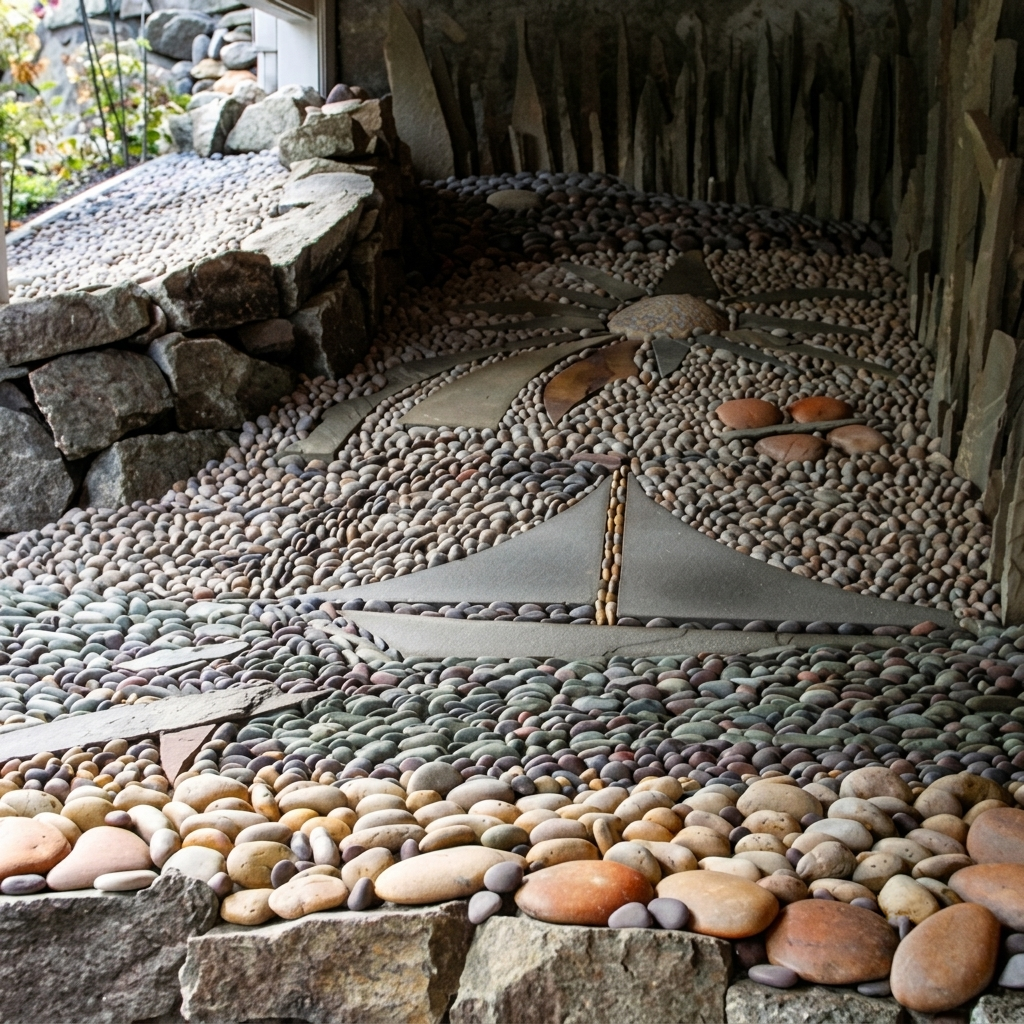 A unique, custom pebble mosaic art installation. Rocky Creek Landscape & Design creates one-of-a-kind art features for Boise Idaho and Treasure Valley gardens.