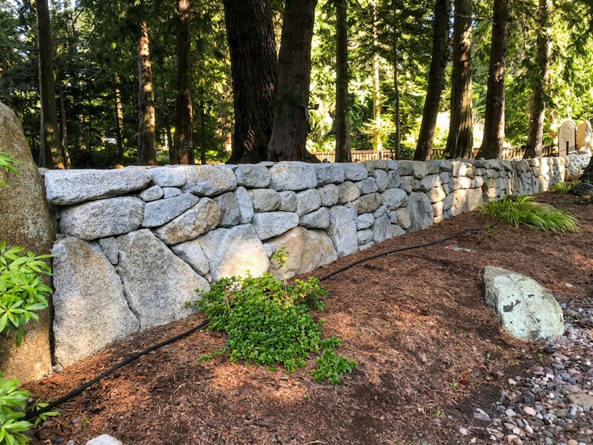 Premium raised stone retaining wall on a Boise Idaho property. Experience fine Treasure Valley craftsmanship by Rocky Creek Landscape & Design.