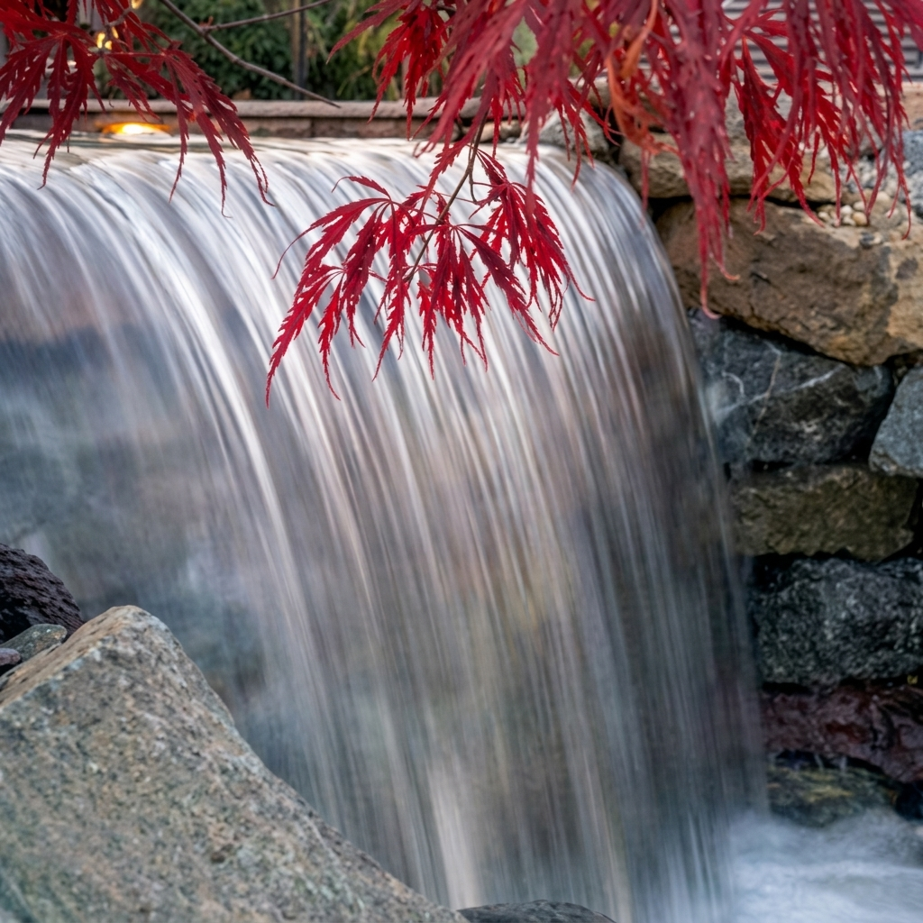 A natural rock waterfall and pond feature in Boise Idaho. Let Rocky Creek Landscape & Design bring tranquil, custom water designs to your Treasure Valley yard.