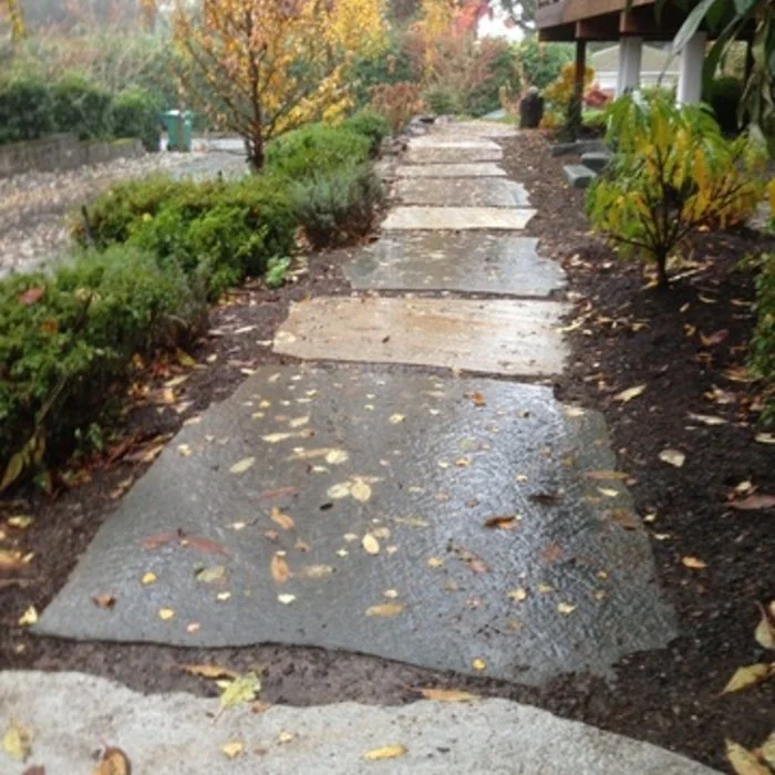 Rocky Creek Landscape & Design sample of work in Boise Idaho.Wet stone sidewalk with fallen leaves, surrounded by plants, leading to a house on a rainy autumn day.