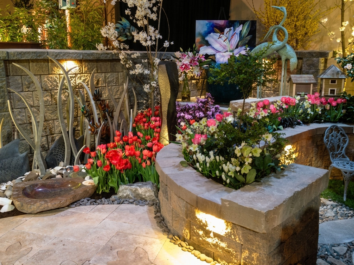 Discover a beautifully designed garden  custom landscaping in Boise. Our Treasure Valley work features waterfalls, flagstone patios, and vibrant plants like Canna lilies.
