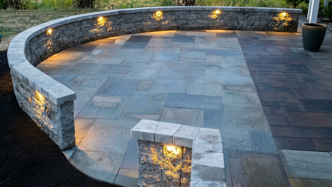 Discover a stunning modern paver patio design in Boise Idaho, featuring a custom  durable wall with lighting, expertly crafted by Rocky Creek Landscape. Call for a consultation.