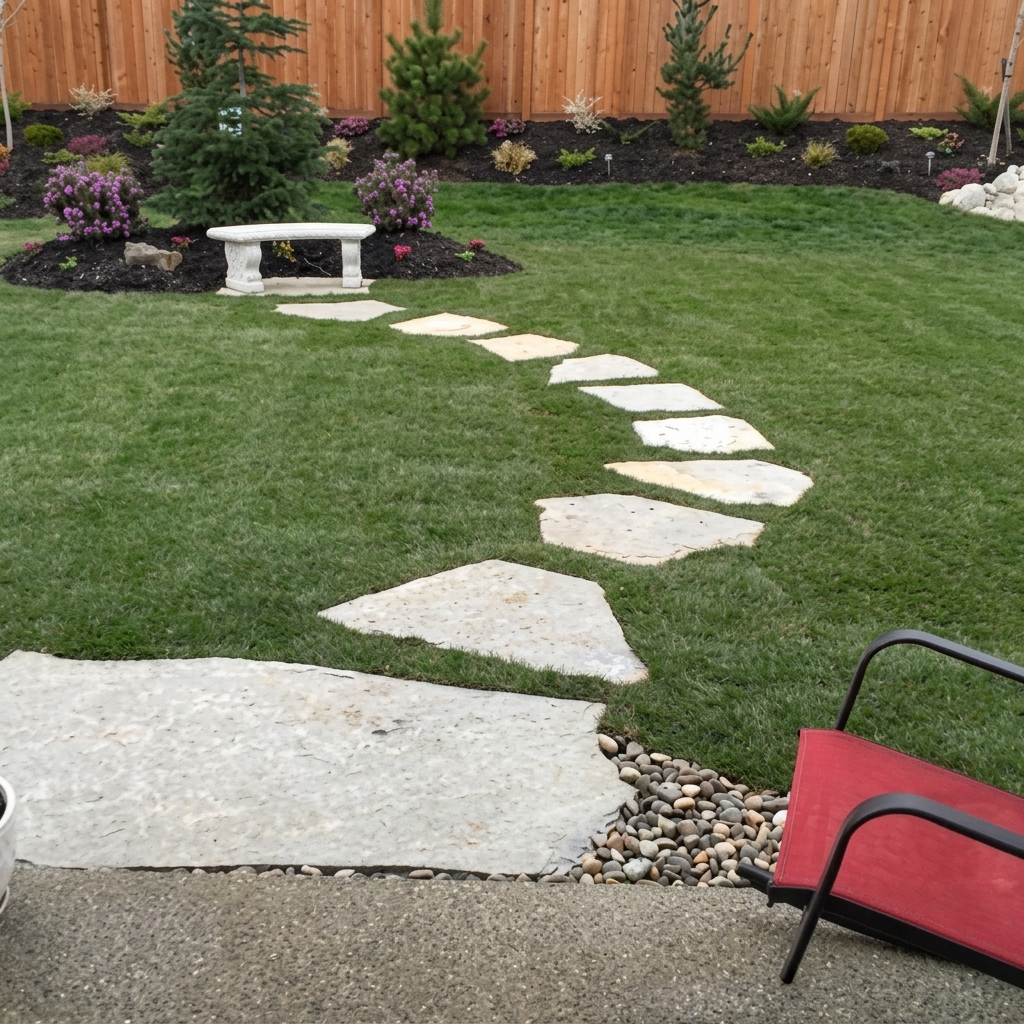 A clean and modern stepping stone pathway through vibrant turf. Professional installation by Rocky Creek Landscape & Design for effortless Treasure Valley elegance.