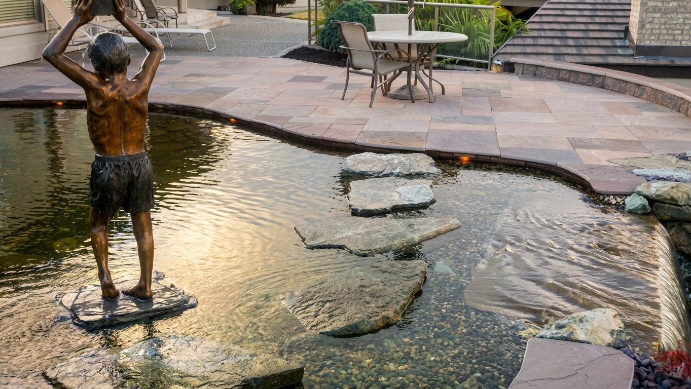 An elegant garden water feature and reflection pool. Rocky Creek Landscape & Design designs soothing water elements for Boise Idaho and Treasure Valley landscapes.