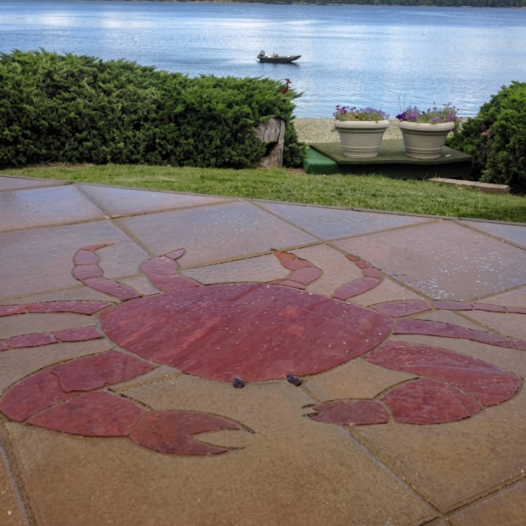 A unique, custom mosaic art installation of a vibrant red crab. Rocky Creek Landscape & Design creates one-of-a-kind art features for Boise Idaho and Treasure Valley gardens.