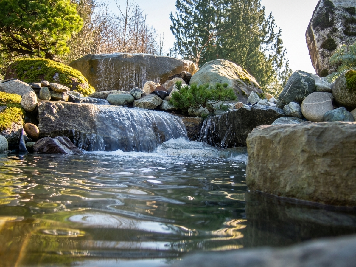 A natural rock waterfall and pond feature in Boise Idaho. Let Rocky Creek Landscape & Design bring tranquil, custom water designs to your Treasure Valley yard.