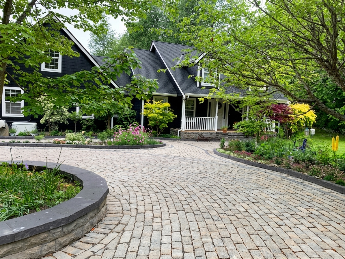 Sleek, modern concrete paver patio with clean lines, designed for a Boise Idaho backyard. Rocky Creek Landscape & Design specializes in Treasure Valley modern hardscapes.