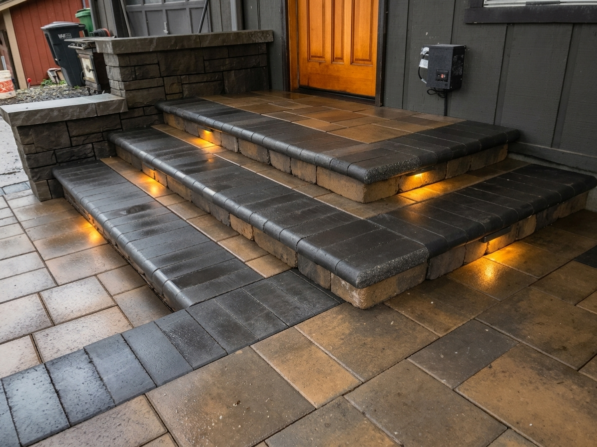 Transform your Boise entry with modern, multi-toned paver steps and integrated, warm LED riser lighting. Expert hardscape design and install by Rocky Creek Landscape & Design.