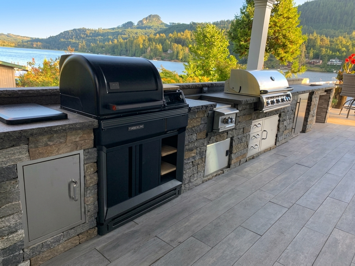 Experience the ultimate in lakeside living with this stunning custom-built outdoor kitchen in Coeur d'Alene, Idaho. Featuring durable granite countertops, a built-in Traeger Timberline pellet grill, and a professional-grade stainless steel cooking st