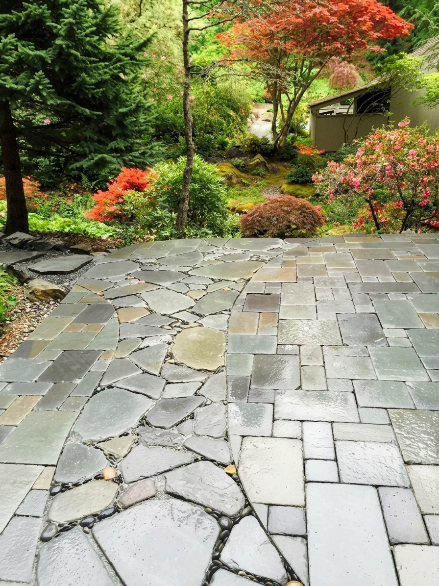 Wet stone pathway through lush Treasure Valley foliage, expertly installed by Rocky Creek Landscape & Design in Boise Idaho. Contact us for custom hardscapes.