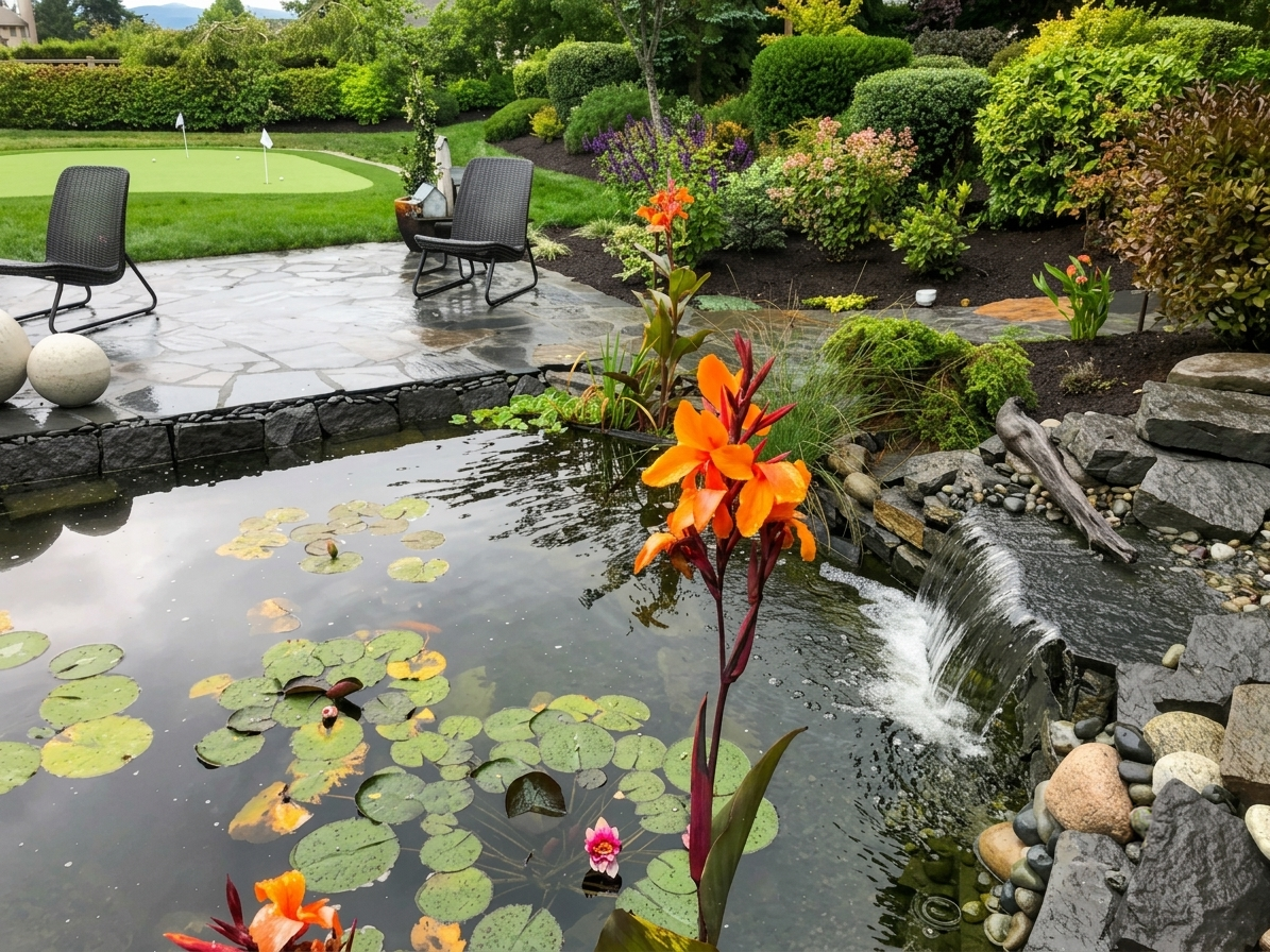 Discover a beautifully designed garden pond and custom landscaping in Boise. Our Treasure Valley work features waterfalls, flagstone patios, and vibrant plants like Canna lilies.