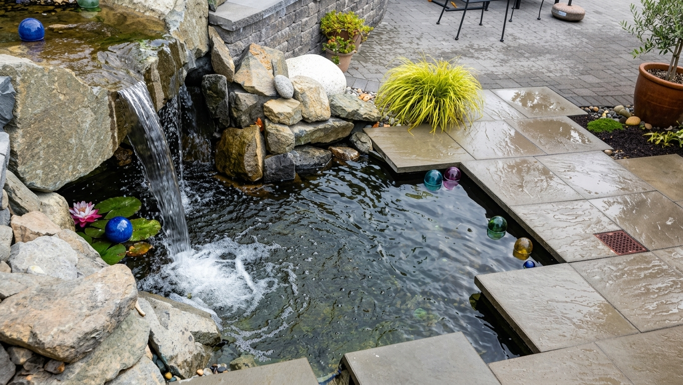 A natural rock waterfall and pond feature in Boise Idaho. Let Rocky Creek Landscape & Design bring tranquil, custom water designs to your Treasure Valley yard.