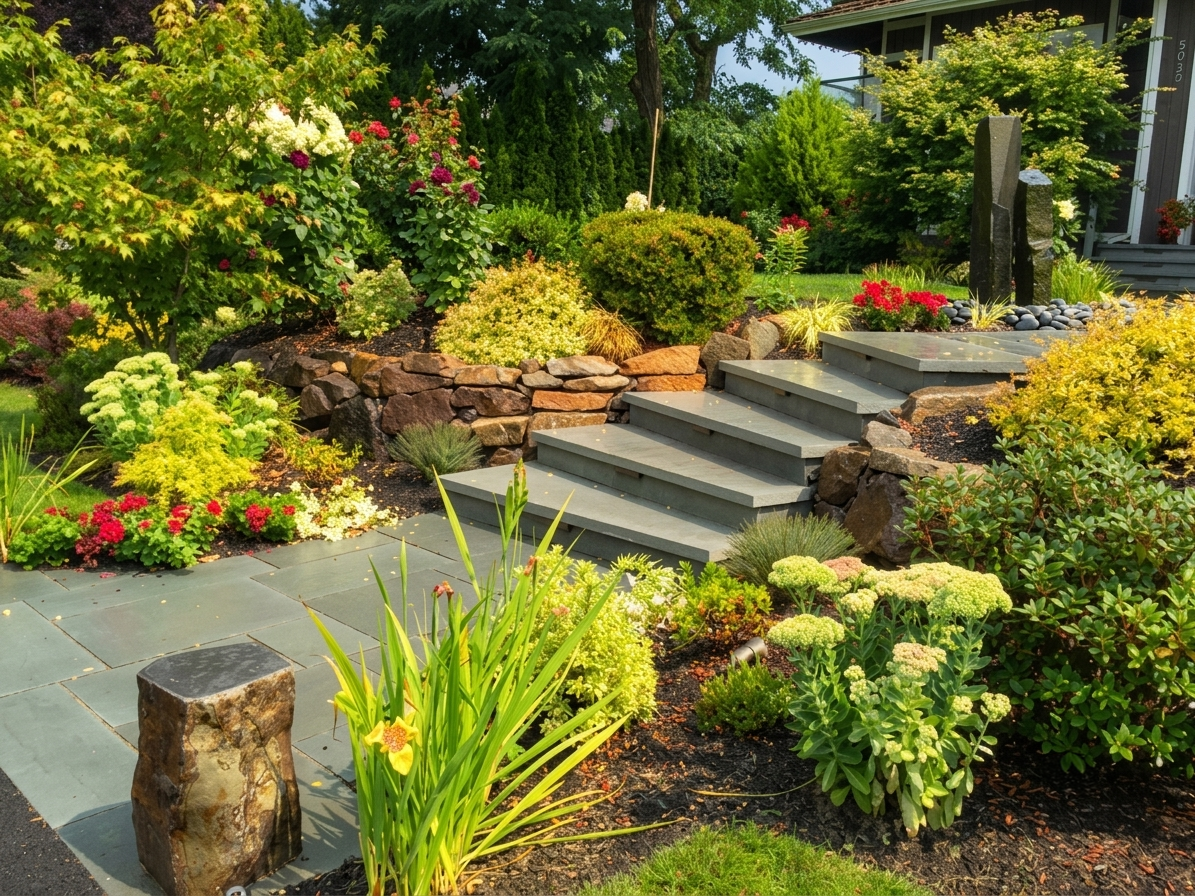 Durable stone landscape steps leading through a vibrant garden to a Boise Idaho home. Professional design and install by Rocky Creek Landscape & Design, serving the Treasure Valley.