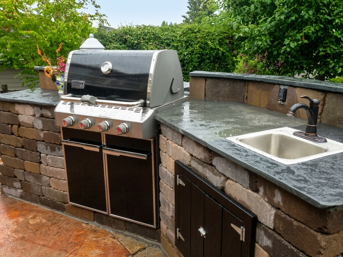 Cozy outdoor brick fireplace and patio design for a Boise Idaho home, crafted by Rocky Creek Landscape & Design. We build custom living spaces in the Treasure Valley.