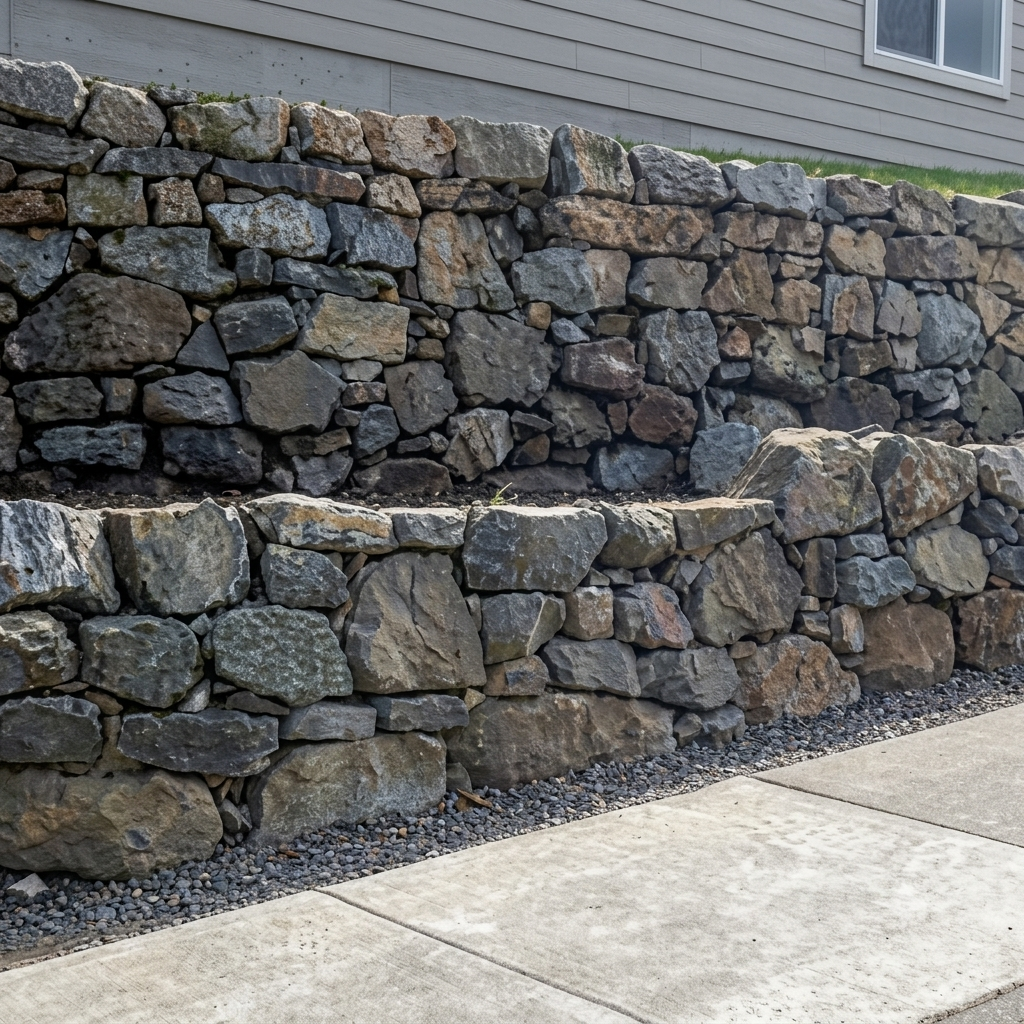 A detailed multi-level stone garden bed design in Boise Idaho. Expand your planting space with custom structures from Rocky Creek Landscape & Design.