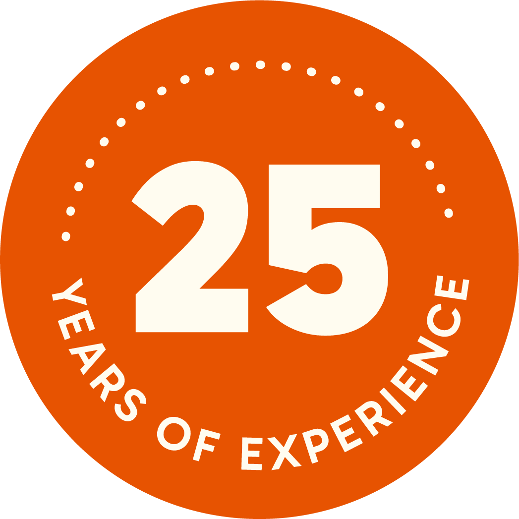 Orange circular badge celebrating 25 years of experience with white bold text and dotted arc design.