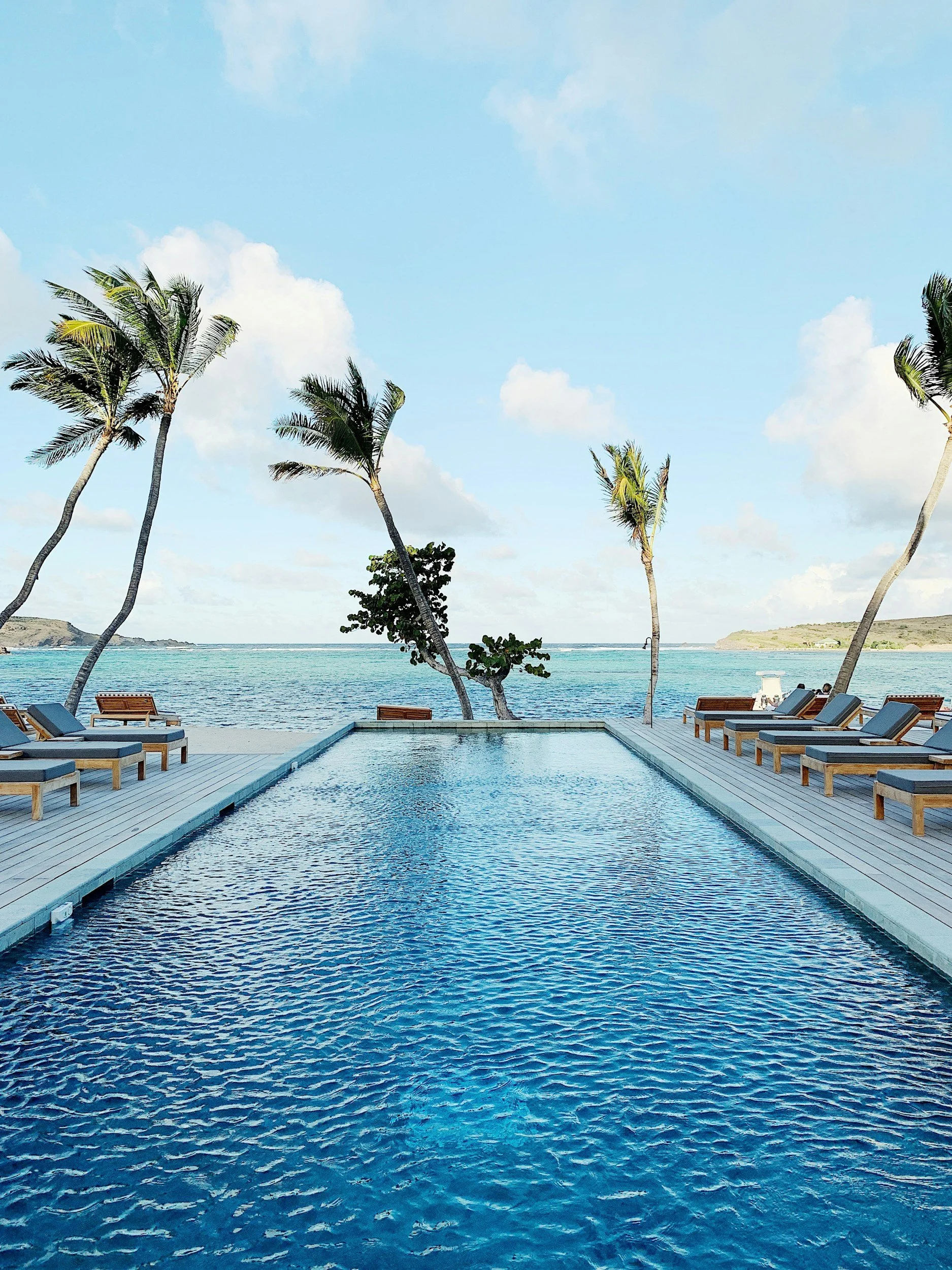 Ocean view with a swimming pool in the foreground, palm trees on either side, and a coastline with hills in the background, under a partly cloudy sky.