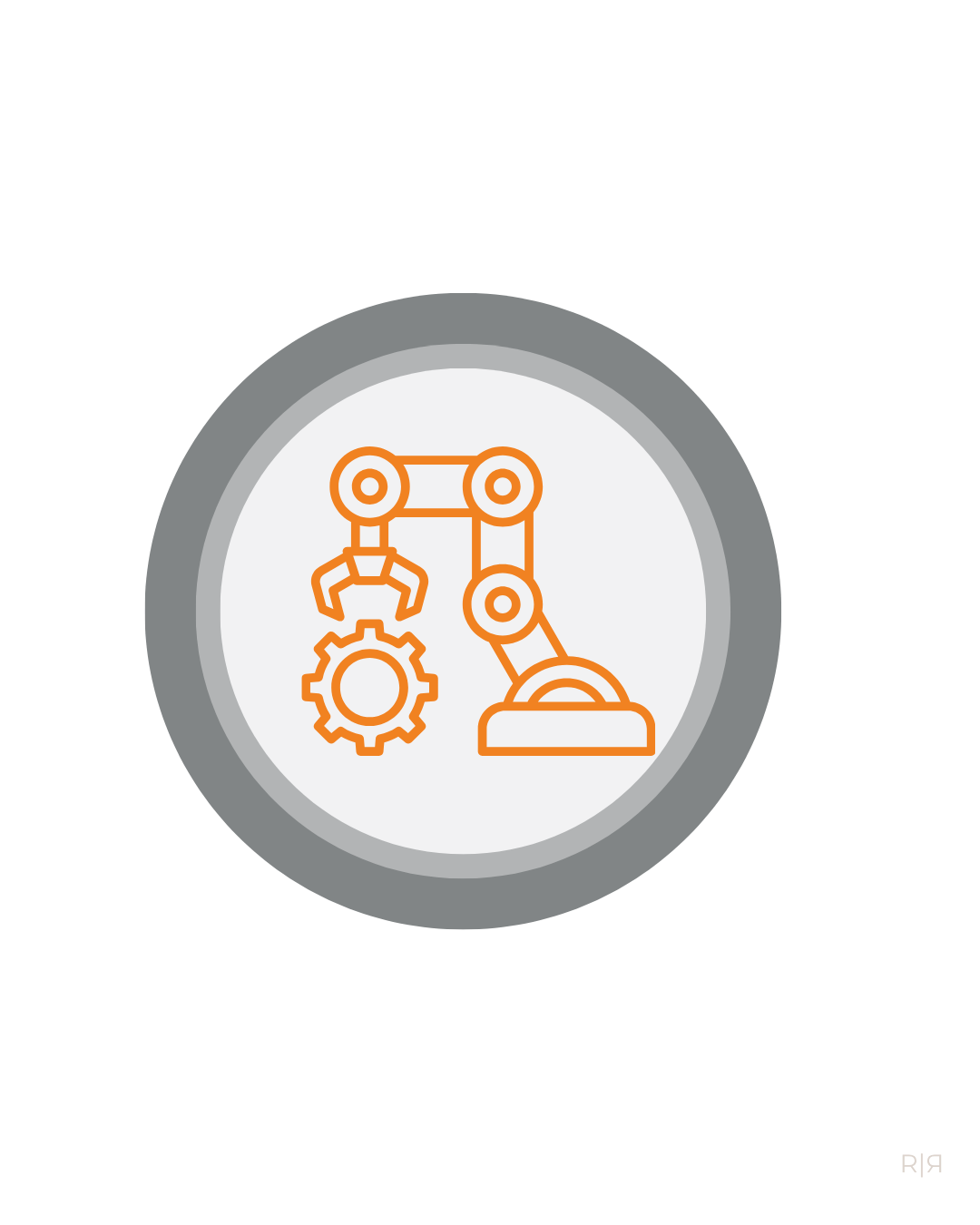 Graphic of a robotic arm holding a gear, with another gear nearby, all in orange outline style.