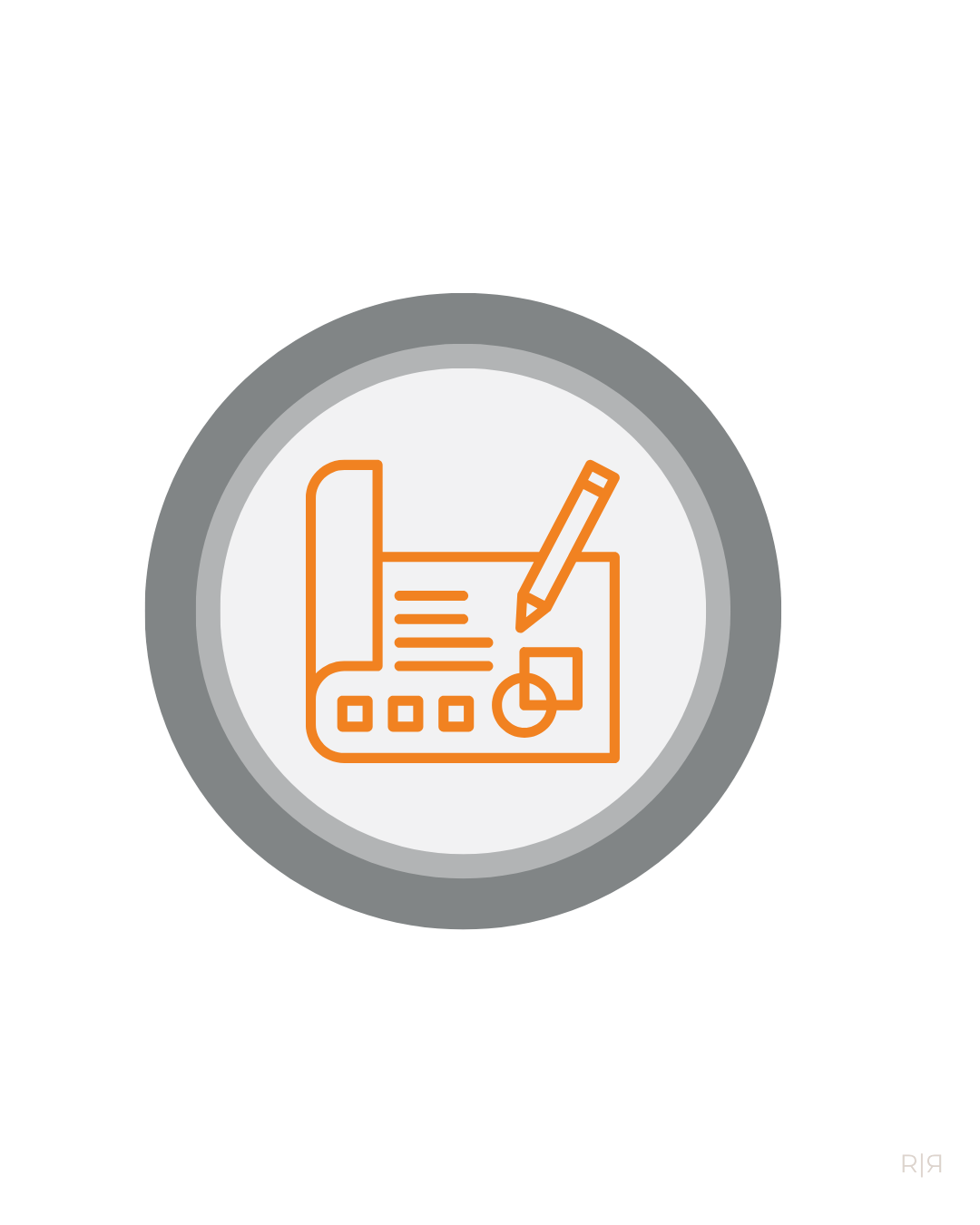 Icon of a document with text lines, a pie chart, and a pen, in orange, on a white background with a gray circular border.