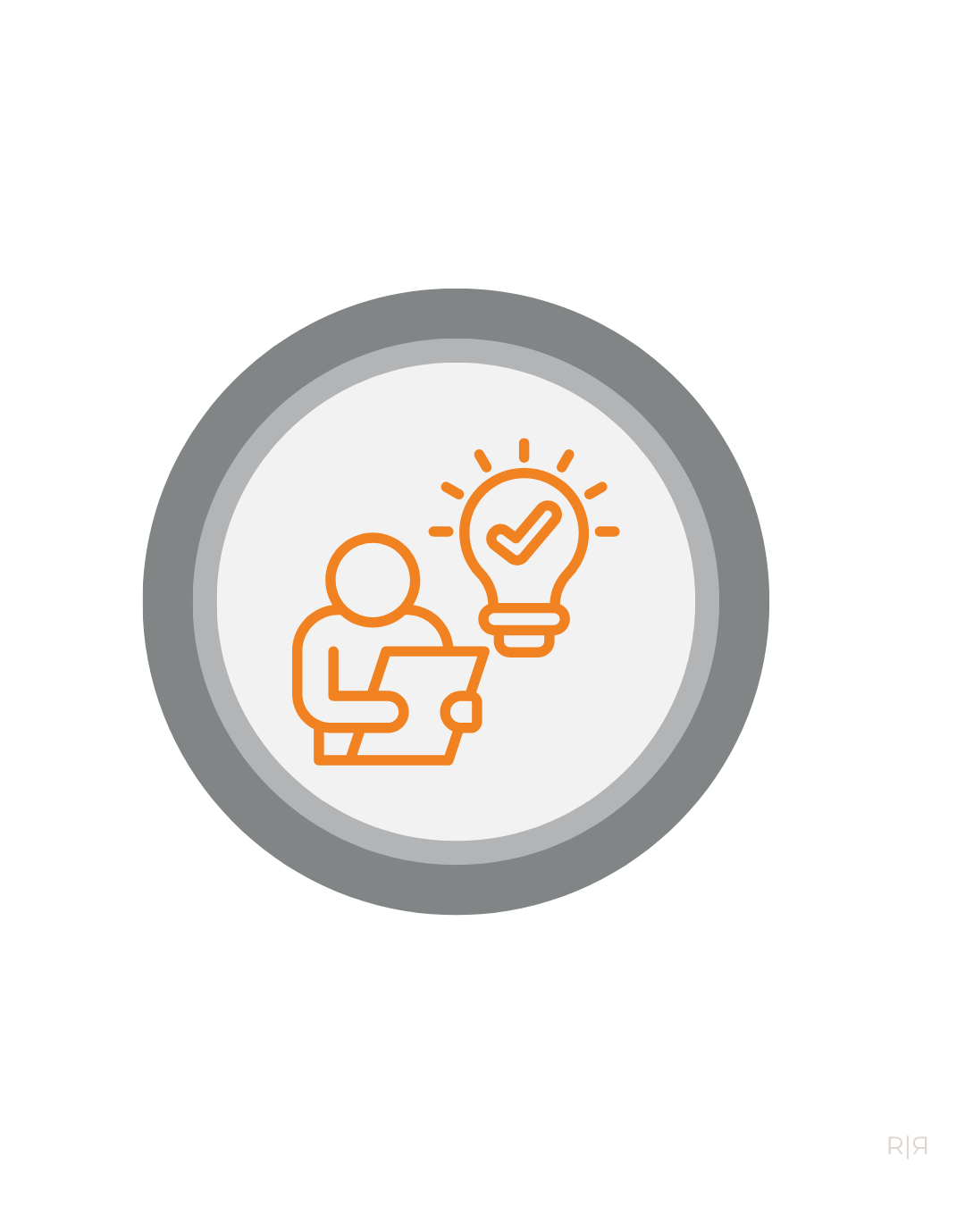 Icon of a person with a laptop and a lightbulb with a checkmark, symbolizing ideas and approval.