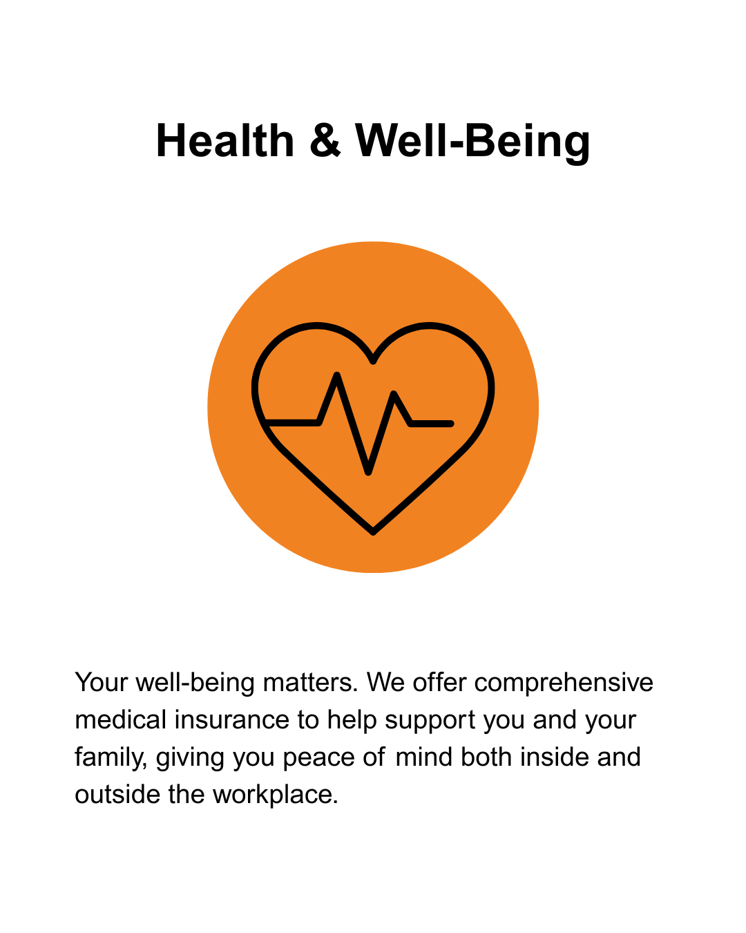 A health and well-being flyer with an orange circle containing a heart with an electrocardiogram line inside, and text about comprehensive medical insurance.