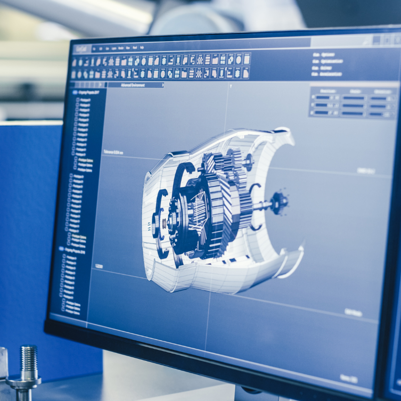 Computer screen displaying a detailed 3D CAD model of a mechanical component or machinery part in a technical design software.