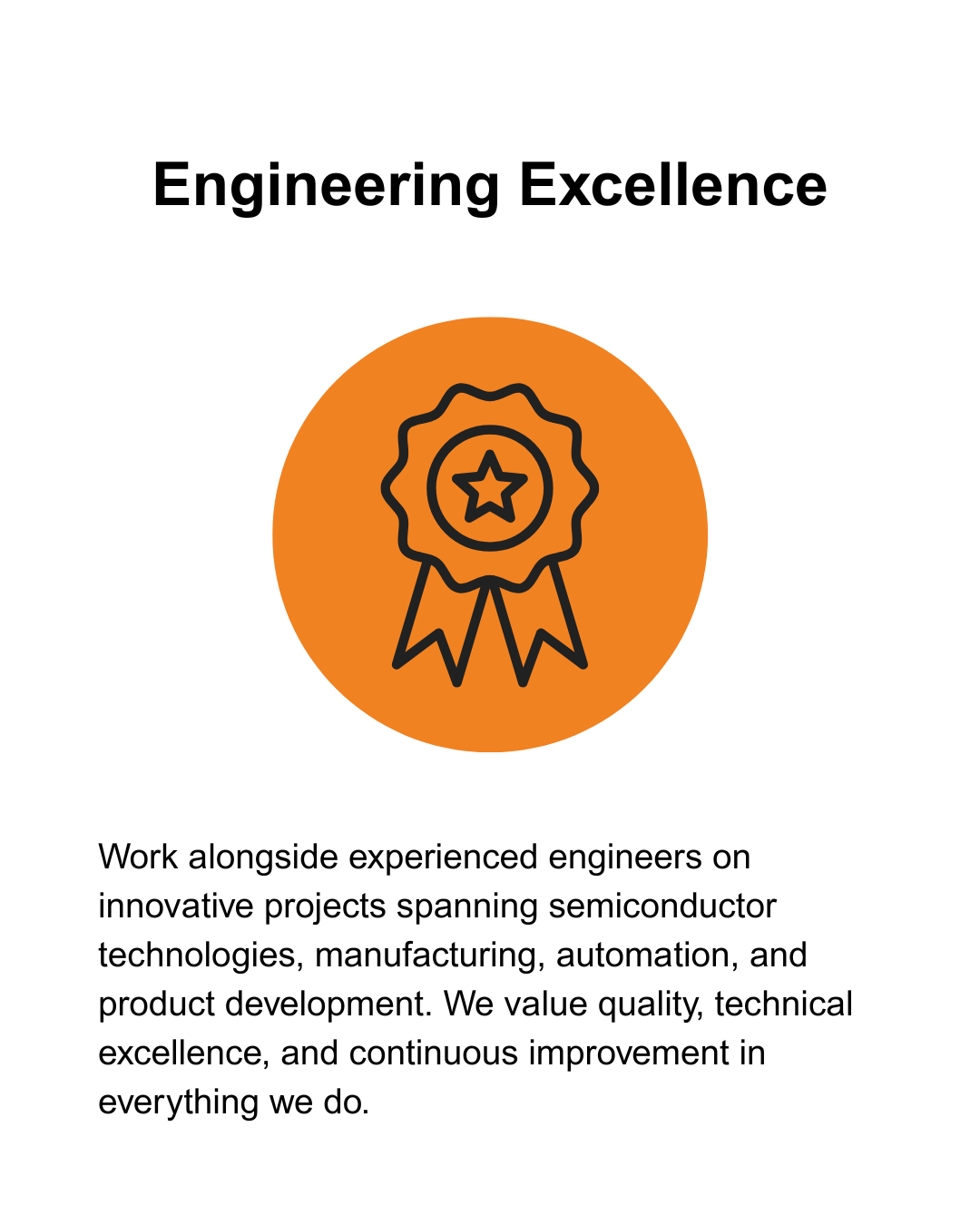 Icon of a ribbon award inside an orange circle, with the text "Engineering Excellence" above and a paragraph describing engineering work and values below.