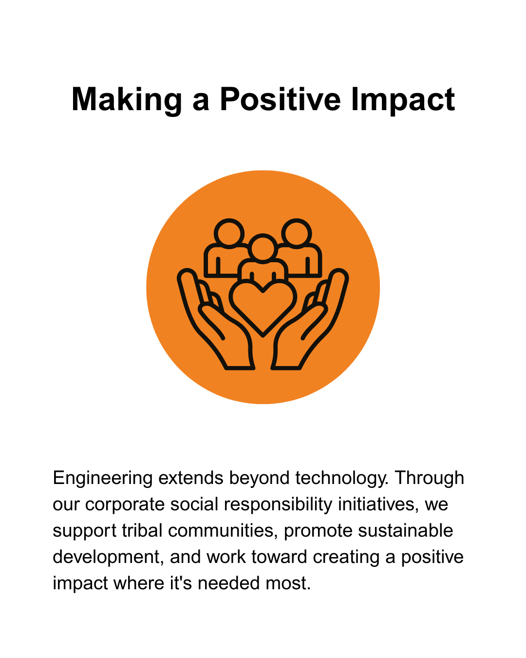 Simple infographic with text 'Making a Positive Impact' and an icon of hands holding a heart with three people above, set against an orange circle background, accompanied by a paragraph about corporate social responsibility.