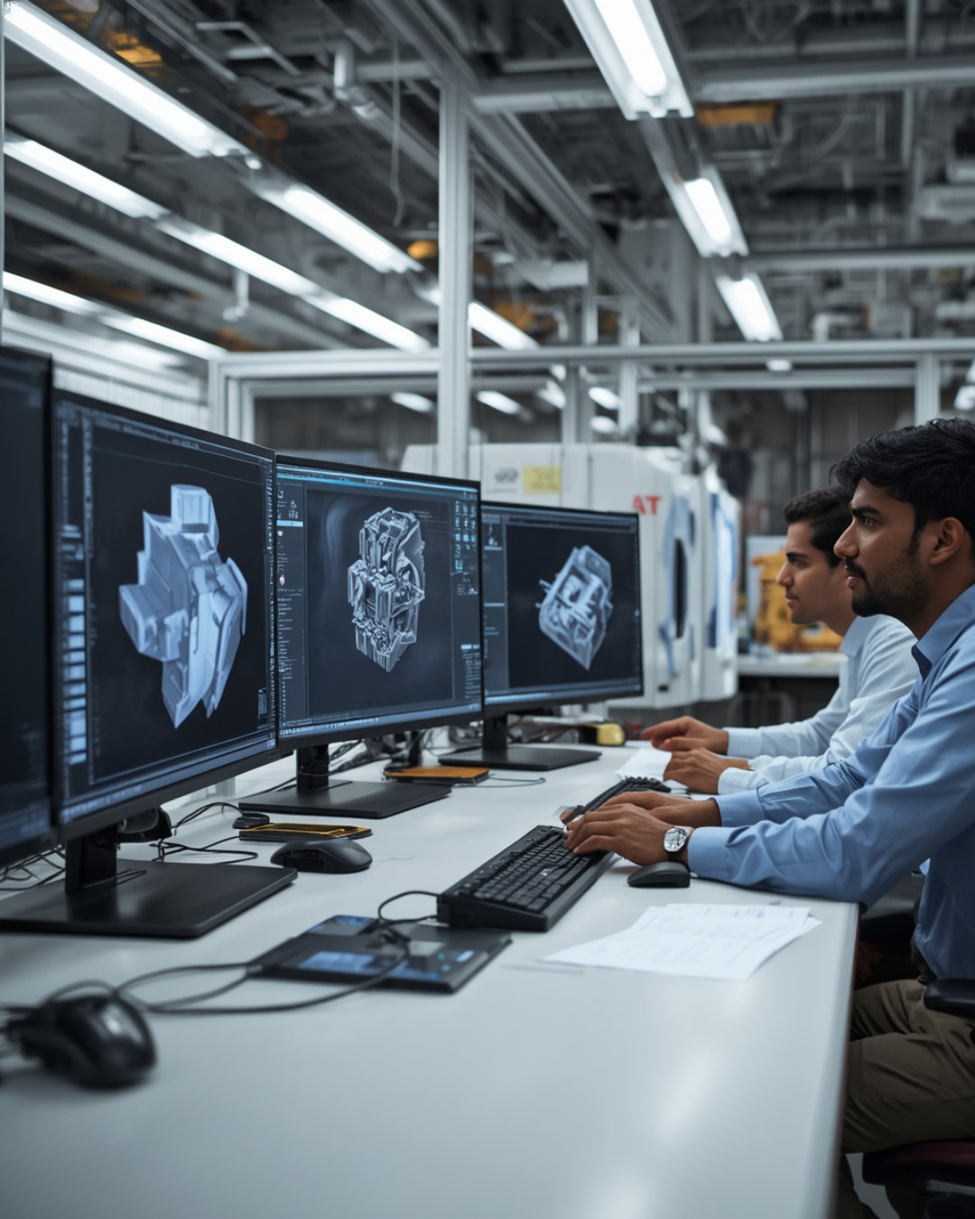 Three engineers working on CAD design software for 3D models of mechanical parts in a manufacturing facility.