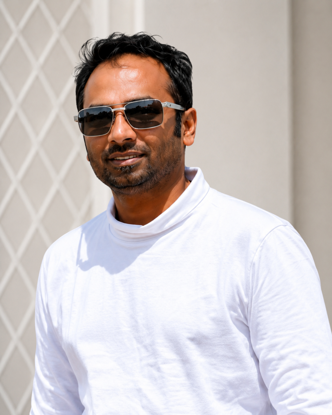 Man with short black hair and a beard wearing a white long-sleeve shirt and sunglasses, standing outdoors in front of a light-colored wall with a decorative pattern.