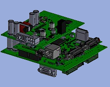 3D rendering of a green circuit board with various electronic components including capacitors, resistors, and connectors.