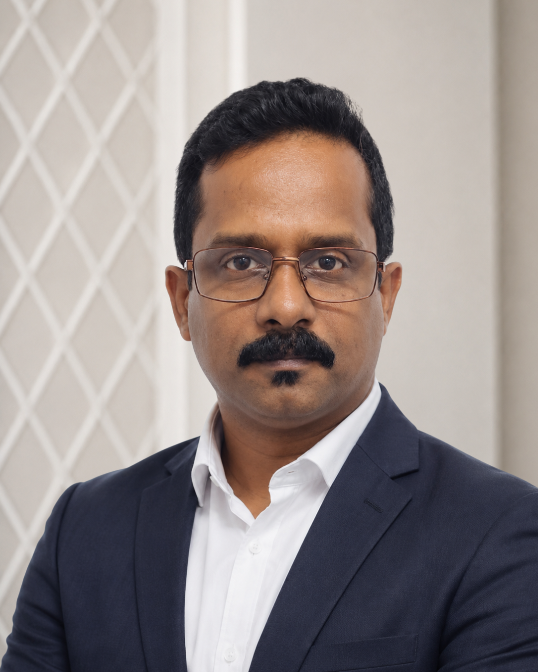 A professional man with glasses and a mustache wearing a dark suit and white shirt, looking directly at the camera.