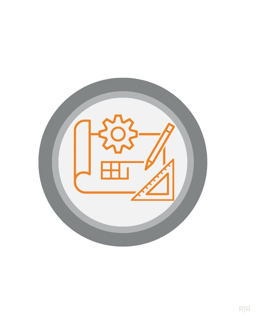 Design icon with blueprint, gear, pencil, ruler, and square in orange on a circular gray and white background.