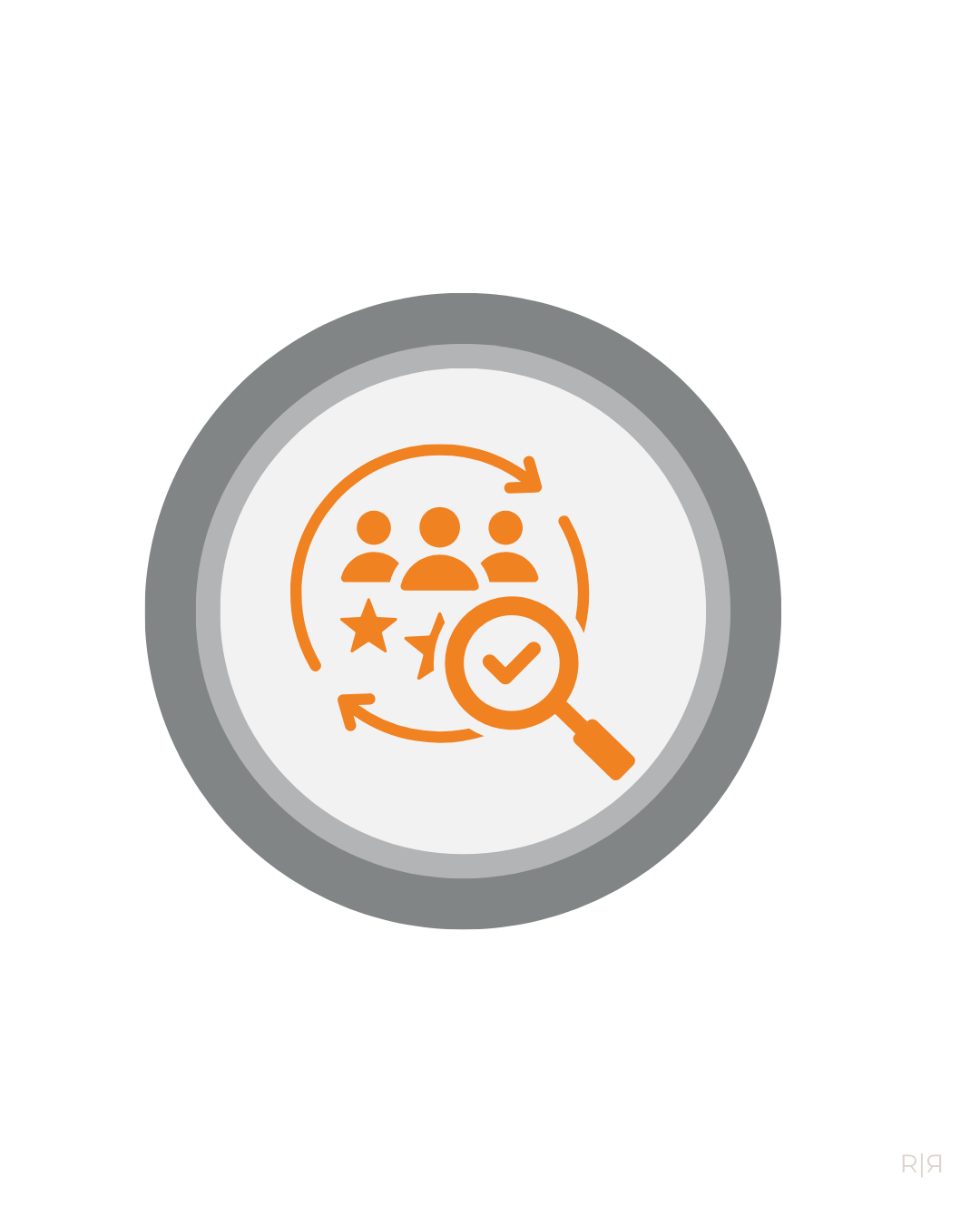 Icon depicting a magnifying glass with a checkmark, surrounding three people, stars, and arrows representing review or selection process.
