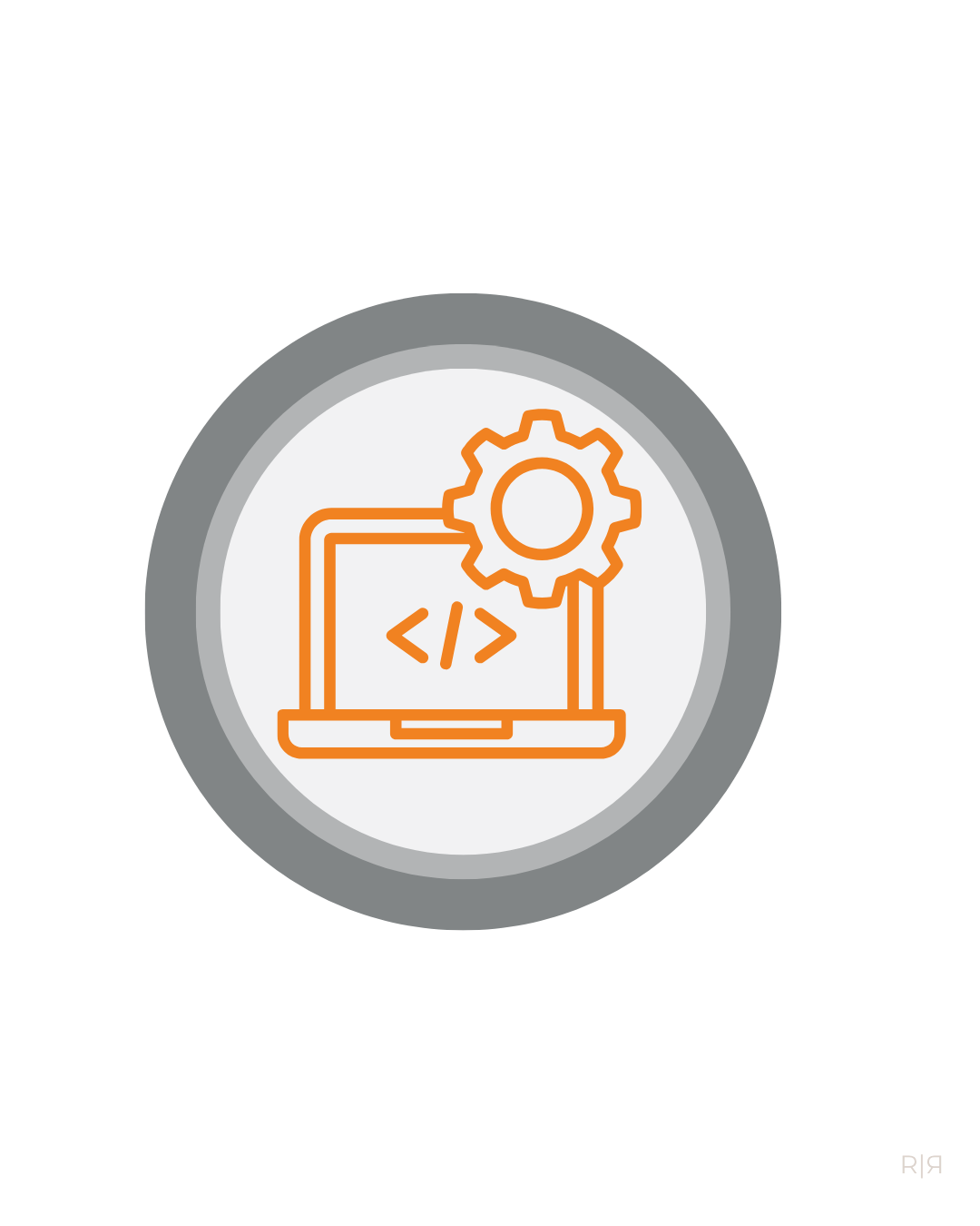 Icon of a computer screen with code brackets and a gear, representing software development or coding.