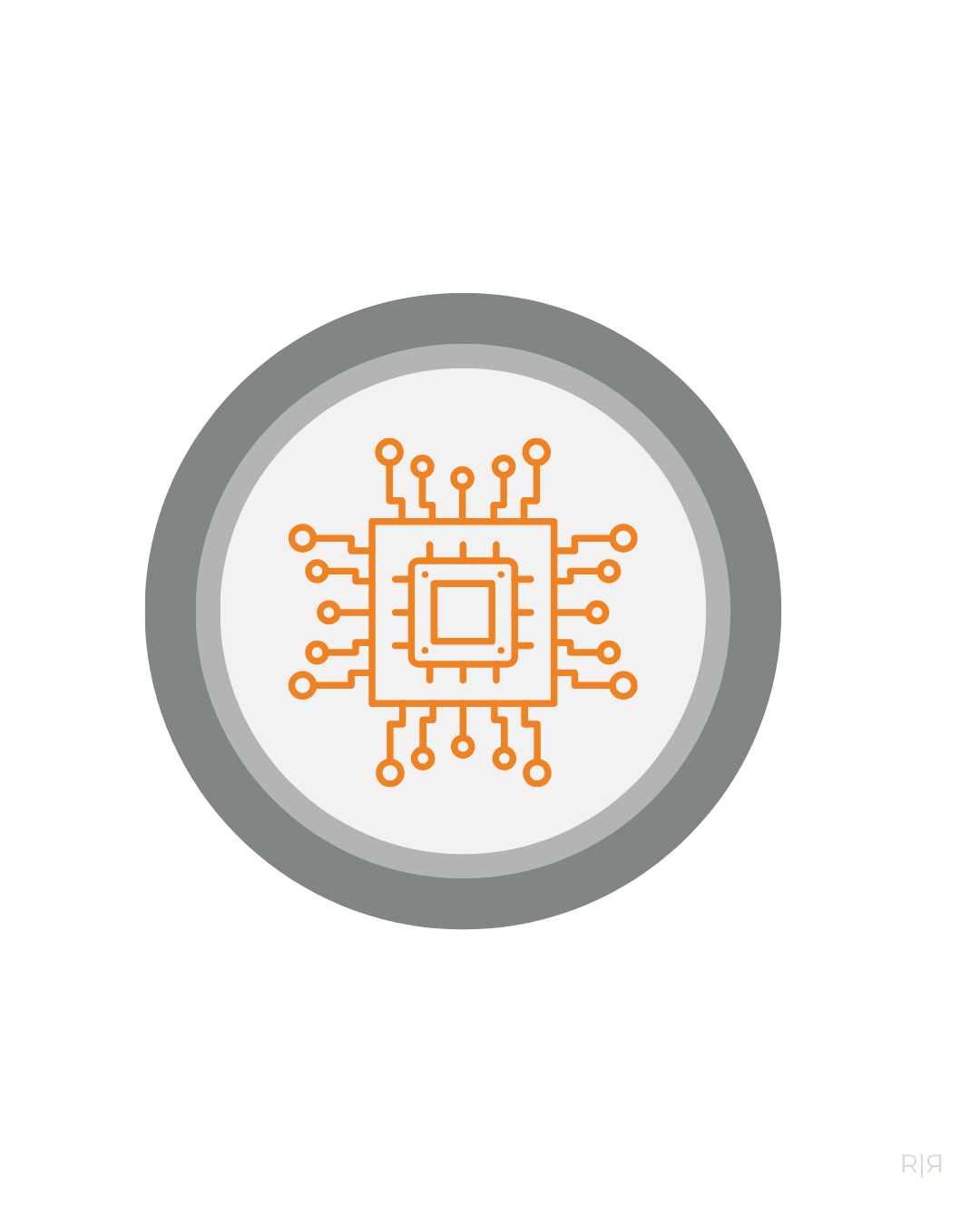 Illustration of a microchip in orange inside a gray and white circular background with the words 'Artificial Intelligence' above.