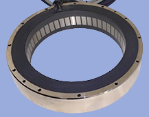 A large circular metal mechanical part with a blue center.