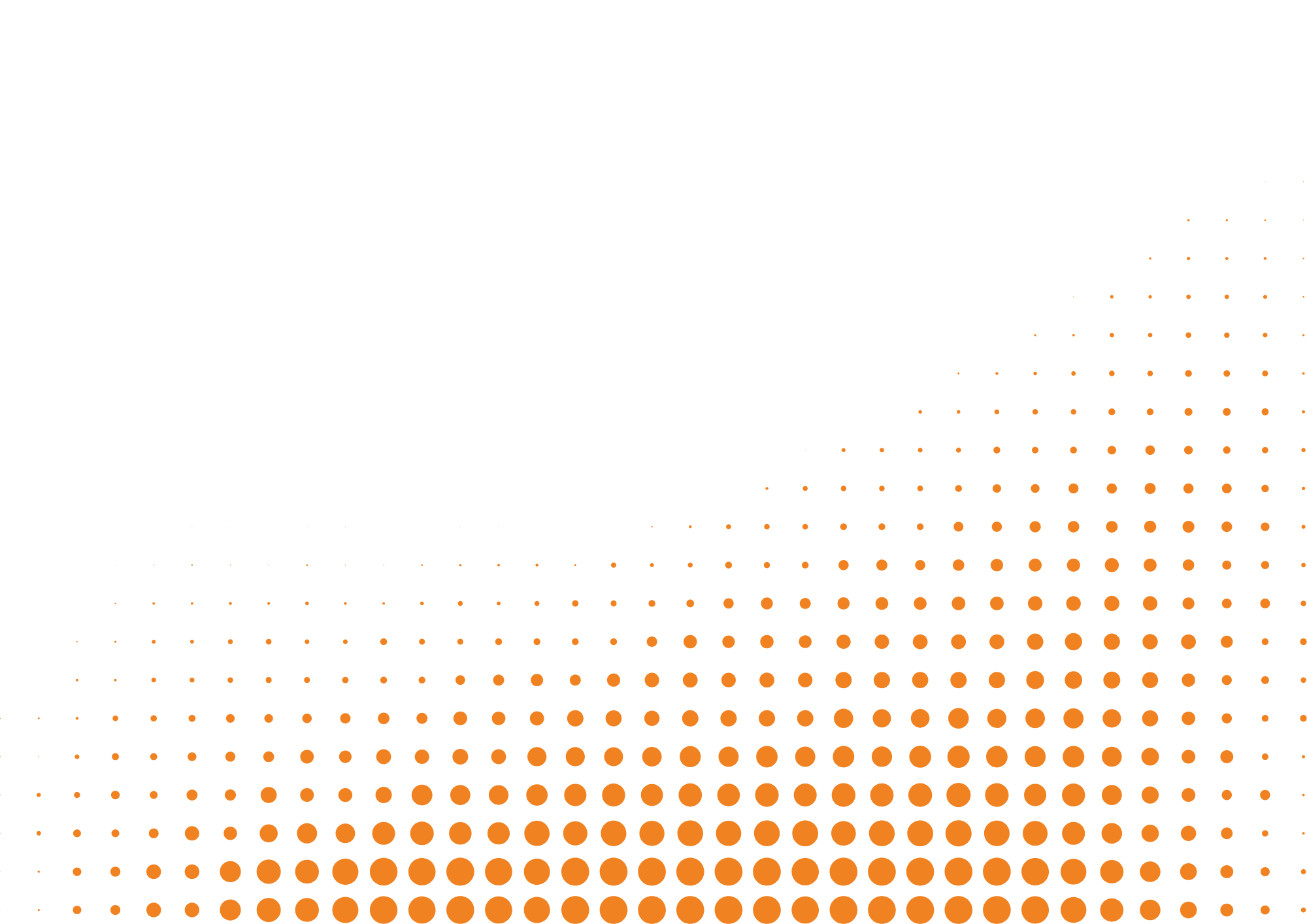 Black background with orange dotted pattern on the bottom right corner.