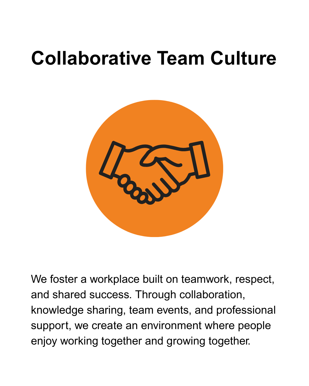 Document titled 'Collaborative Team Culture' with a graphic of two hands shaking inside an orange circle and text about fostering a teamwork-oriented workplace.
