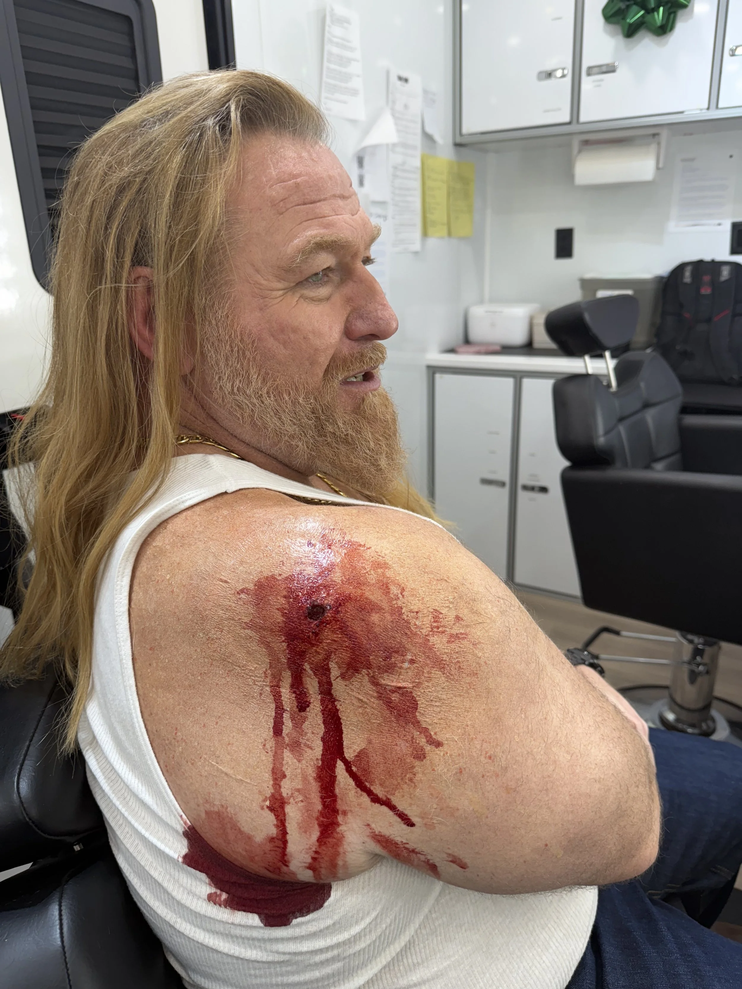 Tulsa King Season 4 (bullet wound with removable 9mm bullet on actor Mike 'Cash Flo' Walden)